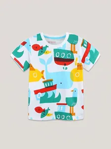 Kids cotton short-sleeve T-shirt with cartoon ocean prints of whales and submarines