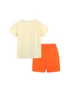 Back view of boys cotton set featuring light yellow t-shirt and orange knit sports shorts