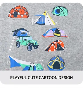 Detail of grey cotton T-shirt featuring cartoon camping tents and green off-road vehicle prints