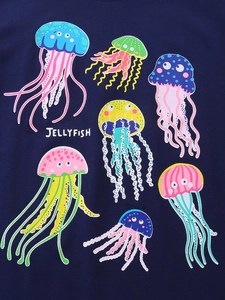 Dark blue summer T-shirt for girls featuring colorful jellyfish prints and artistic text