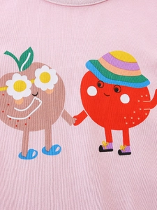 Pink cotton rib knit T-shirt for girls featuring cute cartoon fruit graphics