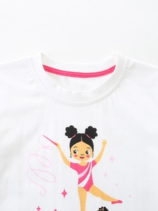 Mädchen T-Shirt in Weiß mit rosa Kragenrand und rhythmischer Sportgymnastik-Grafik