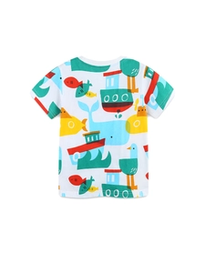 Kids white cotton T-shirt with vibrant nautical prints of ships and sea animals