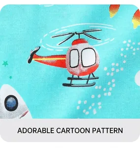Detailed view of sky blue fabric with grid texture and red helicopter cartoon prints