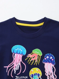Girls dark blue cotton T-shirt featuring a colorful cartoon jellyfish print design