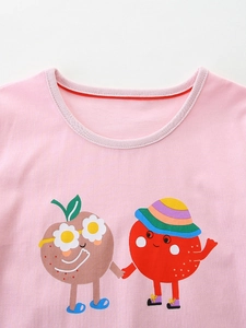 Pink cotton T-shirt for girls featuring cute cartoon peach and strawberry prints