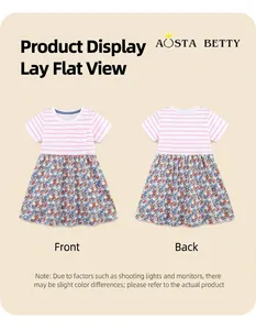Detailed front and back view of girls' cotton dress with pink stripes and floral skirt