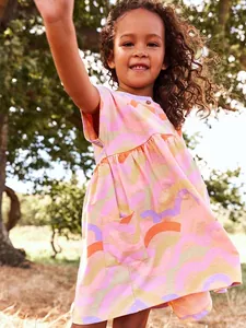 Girls Casual Short Sleeve Knitted Cotton Princess Dress With Colorful Rainbow Wave Print Round Neck Summer Party Clothing