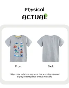 Detailed front and back view of gray cotton boy's t-shirt with camping and car print