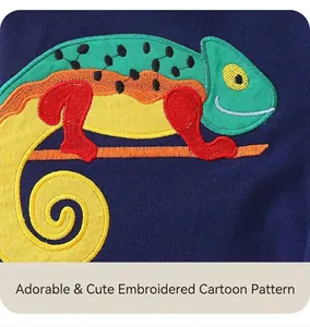 Detail of colorful chameleon embroidery on high-quality navy blue cotton fabric