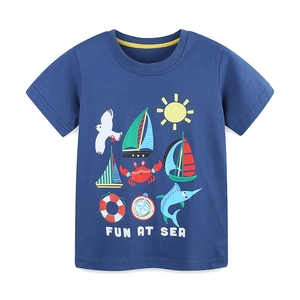 Jungen Baumwoll T-Shirt mit lustigen maritimen Meeres Cartoon Motiven in dunklem Blau