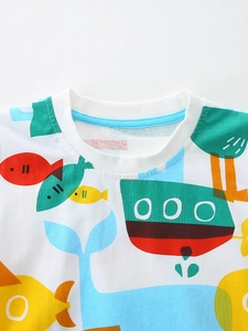 Kids cotton round neck T-shirt featuring colorful marine ocean fish and boat cartoon print