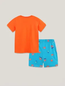 Boys summer cotton set with orange t-shirt and blue crab print shorts for kids
