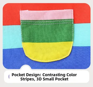 Dettaglio dell'abito in cotone a righe arcobaleno con tasca 3D colorata a contrasto