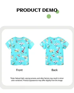 Front and back views of a blue cotton kids t-shirt with cartoon airplane and rocket prints