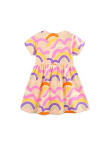 Girl's colorful rainbow wave print cotton dress with short sleeves and round neckline