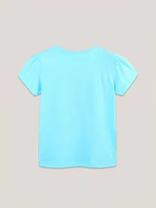 T-shirt bleu ciel en coton pour enfants avec manches bouffantes et col rond au dos