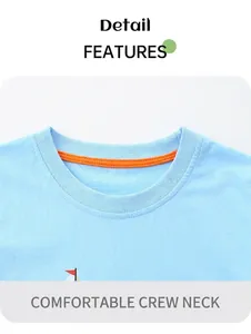 Detail of sky blue crew neck t-shirt with orange reinforced inner collar tape
