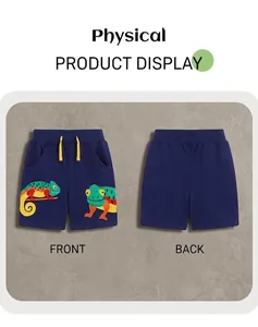 Front and back view of navy knit cotton boy's shorts with colorful chameleon embroidery