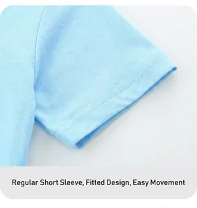 Close-up of baby boy blue cotton t-shirt sleeve with detailed double stitching seams