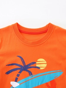 Orange short-sleeved cotton T-shirt for boys with tropical coconut tree and sun print