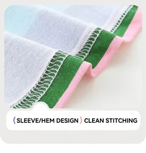 Dettaglio macro dell'orlo colorato con cuciture piatte sul vestito di cotone da bambina