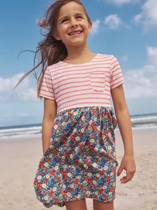 Summer Girls Short Sleeve Patchwork Dress 100% Cotton Pink White Striped Top Floral Skirt Princess Dress Kids Casual Outfit