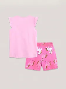 Set estivo rosa da bambina con t-shirt con volant e pantaloncini con stampa unicorno