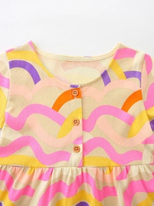 Girls' colorful wavy print dress with round neck and orange buttons in soft cotton knit
