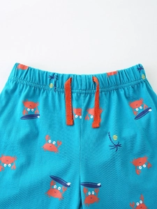 Kids blue cotton shorts with cartoon crab print and orange drawstring waist for summer