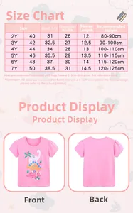 Size chart for girls' animal print T-shirt with height and length details in centimeters