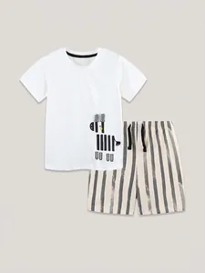 Boys summer cotton set with zebra print white t-shirt and striped drawstring shorts