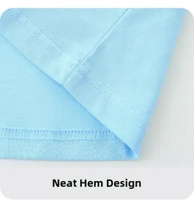 Detail of baby boy sky blue cotton t-shirt hem showing smooth double-needle stitching
