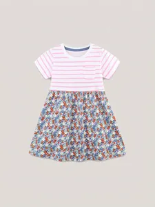 Girls' short sleeve dress with pink striped top and floral skirt, casual summer style