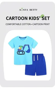 Detailed view of kids cotton t-shirt with excavator print and matching blue shorts
