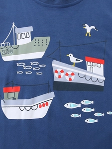 T-shirt blu scuro per bambini in cotone con stampa di navi e gabbiani tema oceano