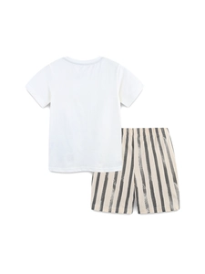 Boys summer two-piece knit outfit featuring a white T-shirt and striped shorts