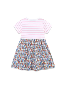 Girls short sleeve knit cotton dress featuring pink stripes and colorful floral skirt