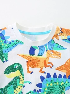 T-shirt en coton pour garçons avec imprimés dinosaures de dessins animés sur tissu blanc
