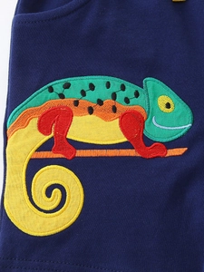 Dark blue knit cotton kids shorts featuring colorful chameleon embroidery details