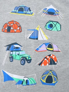 Kids grey cotton T-shirt featuring various outdoor camping and off-road vehicle patterns