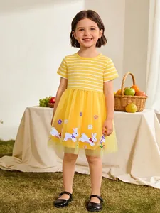 Robe de Princesse en Maille Rayée d'Été pour Filles Mignon Lapin Fleur Broderie Manches Courtes Pullover Robe Tutu pour Enfants 2-7 Ans
