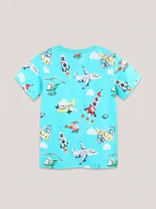 Kids cotton t-shirt in bright blue featuring colorful cartoon planes and rocket print