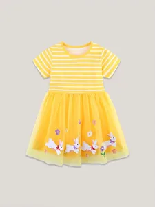 Robe jaune à rayures pour fille avec broderie lapin et jupe en tulle tutu