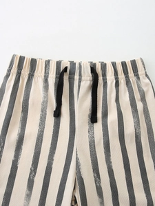 Boys beige striped shorts set with elastic drawstring waist and casual summer knit pattern