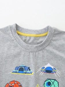 Kids grey cotton t-shirt with round neck and colorful camping tent graphic print