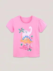 T-Shirt à Manches Courtes Pour Filles Imprimé Dinosaure Mignon Coton Col Rond Rose Haut d'Été Pour Enfants