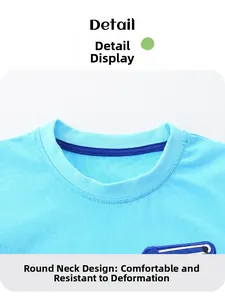 Detail of light blue cotton T-shirt neckline with reinforced stitching for durability