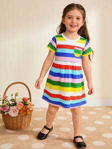 Vestito a Maniche Corte in Cotone per Bambine a Strisce Arcobaleno Moda Occidentale Tasca a Contrasto Gonna da Principessa