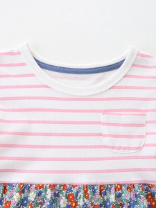 Girls striped cotton summer dress featuring floral patchwork and a small front pocket